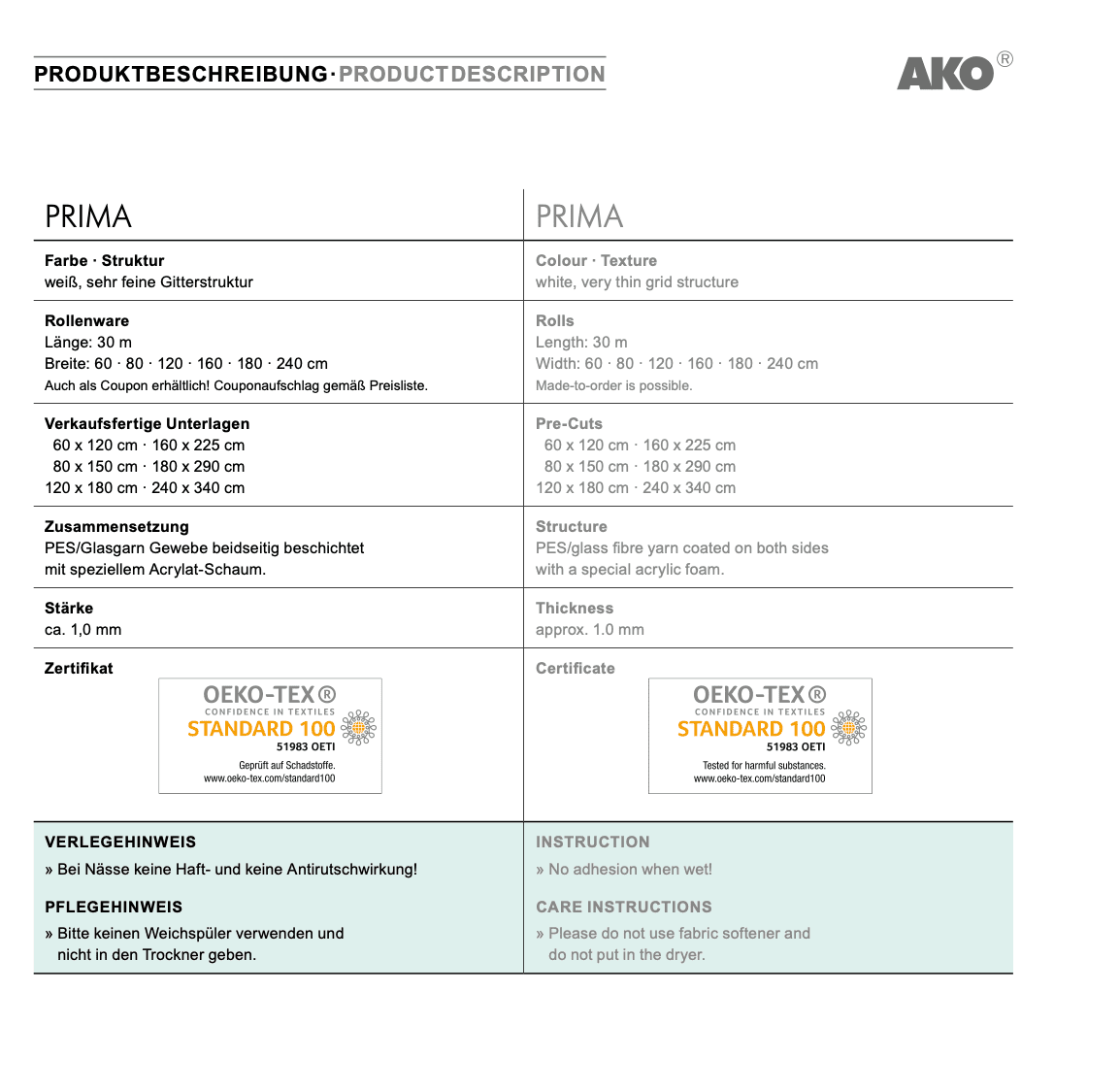 AKO PRIMA Hochwertiger Teppichgleitschutz Antirutsch-Unterlage Umweltfreundlich 240 cm