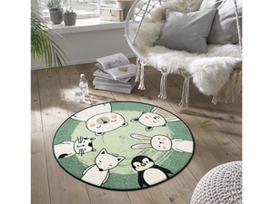 Bild in Slideshow öffnen, runde Fußmatte mit Tieren auf mintgrünem Hintergund im Wohnzimmer
