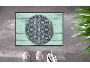 Bild in Slideshow öffnen, hell-türkise Fußmatte mit rundem &quot;Blume des Lebens&quot; Motiv auf dem Fußboden
