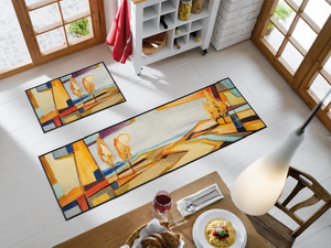 Bild in Slideshow öffnen, Fußmatten mit sandfarbener, künstlerischen Landschaft in der Küche
