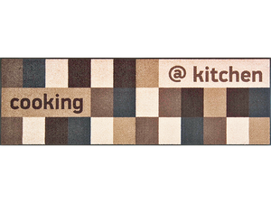Läufer mit braunen Kacheln und Schriftzug "cooking" "@kitchen"